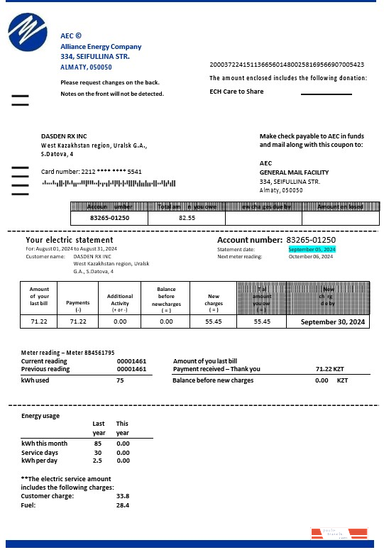 Kazakhstan Alliance Energy Company (AEC) business utility bill Word and PDF template PSD template
